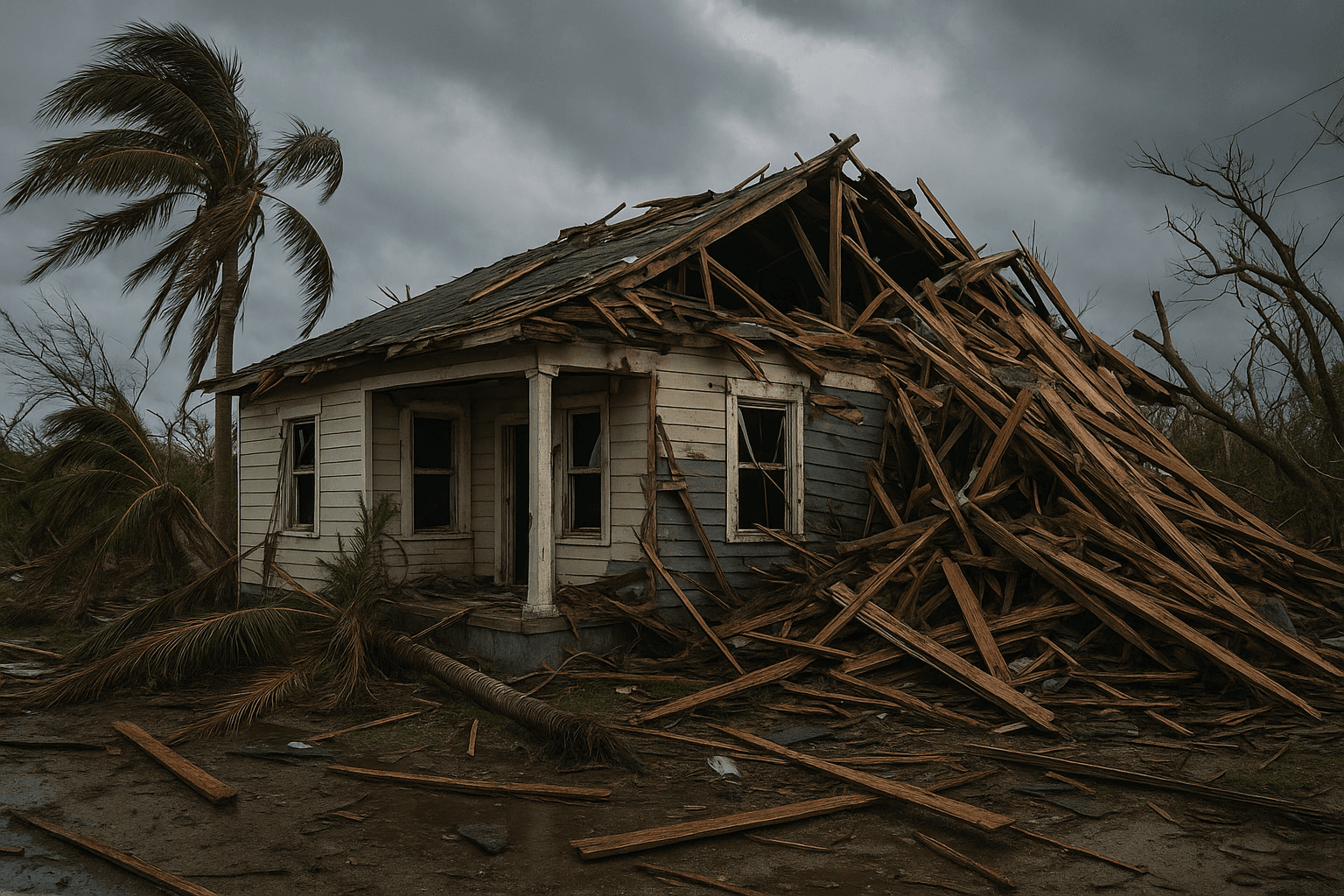 Hurricane damaged home showing severe property destruction